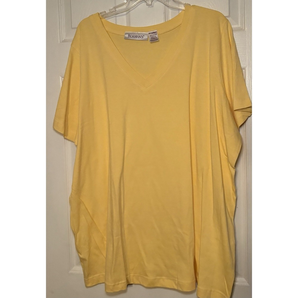 Roamans 2X Top Blouse Yellow Womens Plus Size V-Neck Knit Shirt Short Sleeve